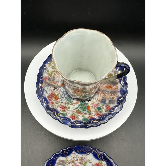 Vintage Kutani Eggshell Porcelain Chocolate Cup w/ Two Saucers Signed - Picture 4 of 8